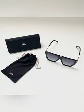 ZARA Black Square Sunglasses with Gold Temples
